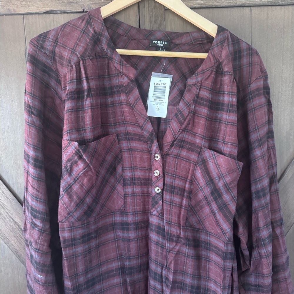 Torrid Burgundy Plaid V-Neck Blouse